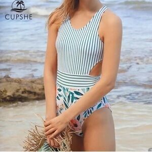 NWT CUPSHE Striped Green White Tropical Floral Mixed Print One-Piece Swimsuit L